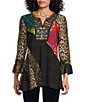 Calessa Embroidered Patchwork Animal Print Split V-Neck 3/4 Sleeve Tunic - Image 1