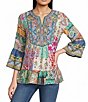 Calessa Embroidered Patchwork Split V-Neck 3/4 Sleeve Tunic - Image 1
