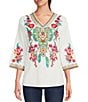 Color:White Multi - Image 1 - Embroidered Patchwork Woven V-Neck 3/4 Sleeve Tunic