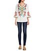 Color:White Multi - Image 5 - Embroidered Patchwork Woven V-Neck 3/4 Sleeve Tunic