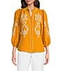 Calessa Embroidered Placement Print Ruffle Split V-Neck 3/4 Sleeve Button-Front Tunic, Color:Mustard/Cream - Image 1