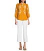 Calessa Embroidered Placement Print Ruffle Split V-Neck 3/4 Sleeve Button-Front Tunic, Color:Mustard/Cream - Image 3