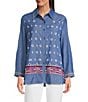 Calessa Embroidered Point Collar Long Roll-Tab Sleeve Button Front Tunic, Color:Indigo - Image 1