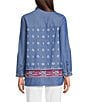 Calessa Embroidered Point Collar Long Roll-Tab Sleeve Button Front Tunic, Color:Indigo - Image 2