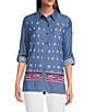 Calessa Embroidered Point Collar Long Roll-Tab Sleeve Button Front Tunic, Color:Indigo - Image 3