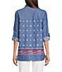 Calessa Embroidered Point Collar Long Roll-Tab Sleeve Button Front Tunic, Color:Indigo - Image 4