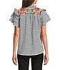 Calessa Embroidered Printed Split V-Neck Short Sleeve Ruffle Tunic, Color:Black/White - Image 2