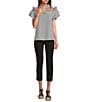 Calessa Embroidered Printed Split V-Neck Short Sleeve Ruffle Tunic, Color:Black/White - Image 3