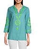 Calessa Embroidered Retro Printed Split V-Neck 3/4 Sleeve Tunic, Color:Lime/Green - Image 1
