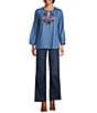 Calessa Embroidered Tassel Tie Round Split Neck Bracelet Sleeve Tunic, Color:Indigo - Image 3