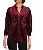 Calessa Embroidered Ruffle Split V-Neck 3/4 Sleeve Button Front Velvet Tunic, Color:Crimson - Image 1