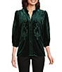 Calessa Embroidered Ruffle Split V-Neck 3/4 Sleeve Button Front Velvet Tunic, Color:Emerald - Image 1
