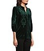 Calessa Embroidered Ruffle Split V-Neck 3/4 Sleeve Button Front Velvet Tunic, Color:Emerald - Image 3