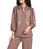 Calessa Embroidered Ruffle Trim Mandarin Collar 3/4 Puff Sleeve Button-Front Top - Image 1