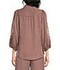 Calessa Embroidered Ruffle Trim Mandarin Collar 3/4 Puff Sleeve Button-Front Top - Image 2