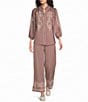 Calessa Embroidered Ruffle Trim Mandarin Collar 3/4 Puff Sleeve Button-Front Top - Image 3