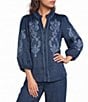 Calessa Embroidered Ruffle Trim Mandarin Collar 3/4 Puff Sleeve Button-Front Top - Image 5