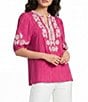 Calessa Embroidered Split V-Neck Elbow Puff Sleeve Tunic - Image 1