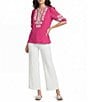 Calessa Embroidered Split V-Neck Elbow Puff Sleeve Tunic - Image 3