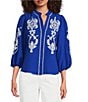 Calessa Embroidered Split V-Neck 3/4 Sleeve Button Front Closure Tunic, Color:Blue/White - Image 1