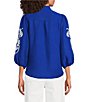 Calessa Embroidered Split V-Neck 3/4 Sleeve Button Front Closure Tunic, Color:Blue/White - Image 2