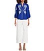 Calessa Embroidered Split V-Neck 3/4 Sleeve Button Front Closure Tunic, Color:Blue/White - Image 3
