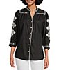 Calessa Embroidered Split V-Neck 3/4 Sleeve Button-Front Tunic,Specials : American Fashion Style Bags On Sale