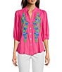 Calessa Embroidered Split V-Neck 3/4 Sleeve Shirttail Hem Button-Front Tunic, Color:Pink - Image 1