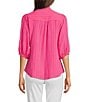 Calessa Embroidered Split V-Neck 3/4 Sleeve Shirttail Hem Button-Front Tunic, Color:Pink - Image 2