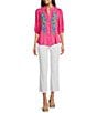 Calessa Embroidered Split V-Neck 3/4 Sleeve Shirttail Hem Button-Front Tunic, Color:Pink - Image 3
