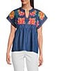 Calessa Embroidered Split V-Neck Cap Sleeve Tunic, Color:Indigo - Image 1