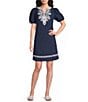 Calessa Embroidered Split V-Neck Short Balloon Sleeve Shift Dress - Image 1
