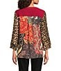 Calessa Embroidered Patchwork Split V-Neck Wrist Length Sleeve Tunic, Color:Crimson/Multi - Image 2