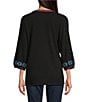 Calessa Embroidered Split V-Neck Long Sleeve Tunic, Color:Black Multi - Image 2