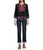 Calessa Embroidered Split V-Neck Long Sleeve Tunic, Color:Black Multi - Image 3