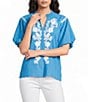 Calessa Embroidered Split V-Neck Short Raglan Puff Sleeve Tunic - Image 1