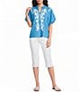 Calessa Embroidered Split V-Neck Short Raglan Puff Sleeve Tunic - Image 3