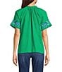 Calessa Embroidered Split V-Neck Short Sleeve Button Front Tunic, Color:Green - Image 2