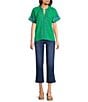 Calessa Embroidered Split V-Neck Short Sleeve Button Front Tunic, Color:Green - Image 3