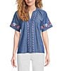 Calessa Embroidered Split V-Neck Short Sleeve Button Front Tunic, Color:Indigo - Image 1