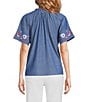 Calessa Embroidered Split V-Neck Short Sleeve Button Front Tunic, Color:Indigo - Image 2