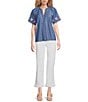 Calessa Embroidered Split V-Neck Short Sleeve Button Front Tunic, Color:Indigo - Image 3