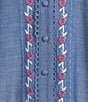 Calessa Embroidered Split V-Neck Short Sleeve Button Front Tunic, Color:Indigo - Image 4
