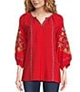 Color:Red - Image 1 - Embroidered Split-V Neckline Bracelet Sleeve Blouse