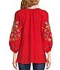 Calessa Embroidered Split-V Neckline Bracelet Sleeve Blouse, Color:Red - Image 2