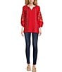 Calessa Embroidered Split-V Neckline Bracelet Sleeve Blouse, Color:Red - Image 3