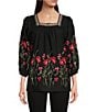 Color:Black Multi - Image 1 - Embroidered Square Neck 3/4 Sleeve Pullover Blouse