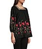 Color:Black Multi - Image 3 - Embroidered Square Neck 3/4 Sleeve Pullover Blouse