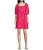 Calessa Embroidered Square Neck Elbow Sleeve Pullover Dress, Color:Pink - Image 1