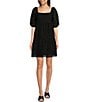 Color:Black - Image 1 - Embroidered Square Neck Elbow Sleeve Pullover Dress